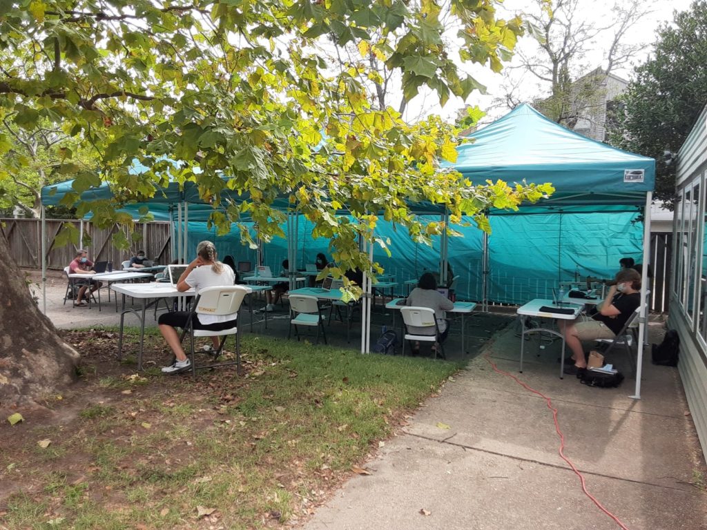 Roadstead High School outdoor classroom in the shade during COVID